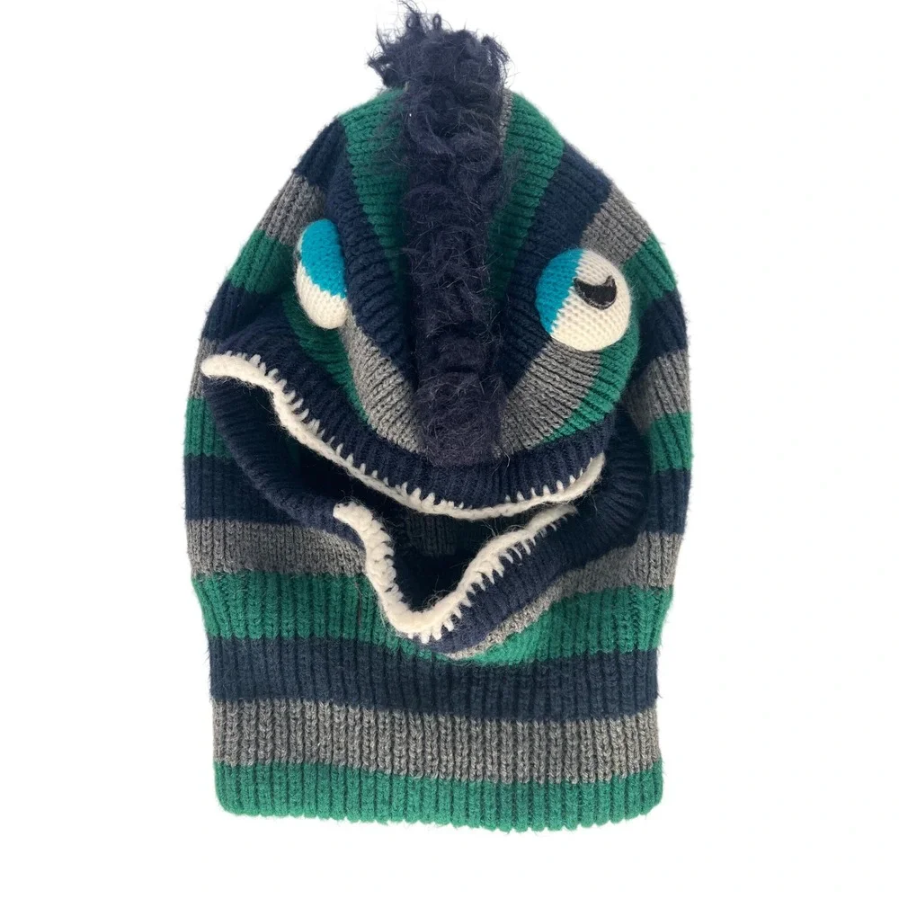Kids Monster Balaclava Hat Striped Green Navy Gray Fun Face Winter Ski Snowboard